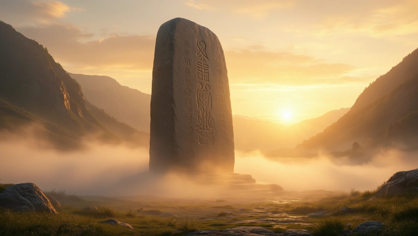 Ein majestätisches Denkmal aus Stein, umgeben von Nebel und Bergen bei Sonnenaufgang.