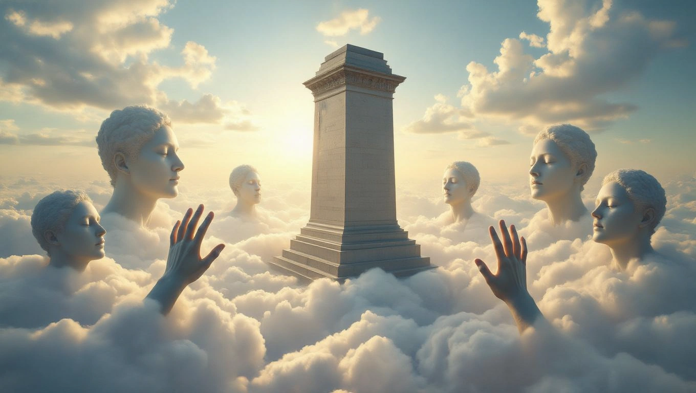 Ein monumentales Denkmal umgeben von schwebenden Köpfen in Wolken.