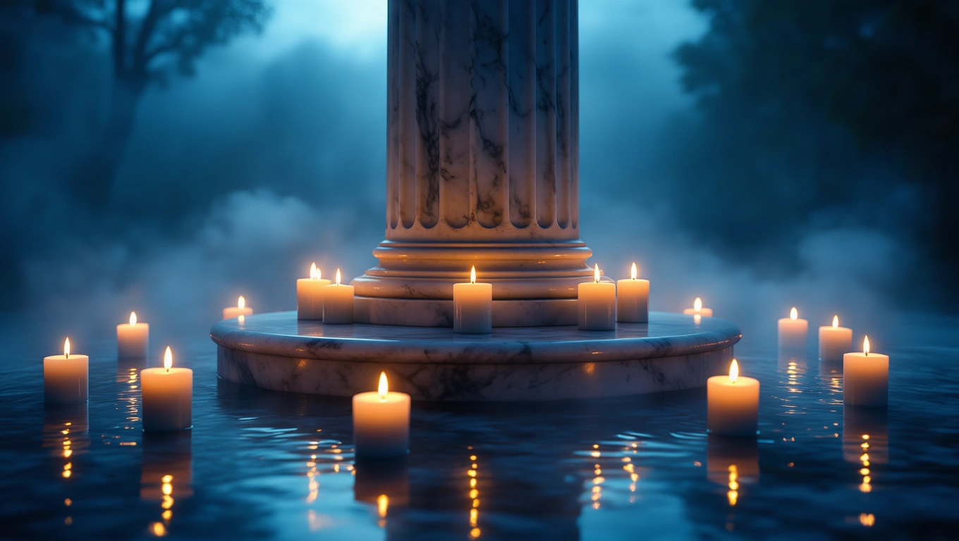 Ein marmorner Sockel mit brennenden Kerzen in nebliger Umgebung.