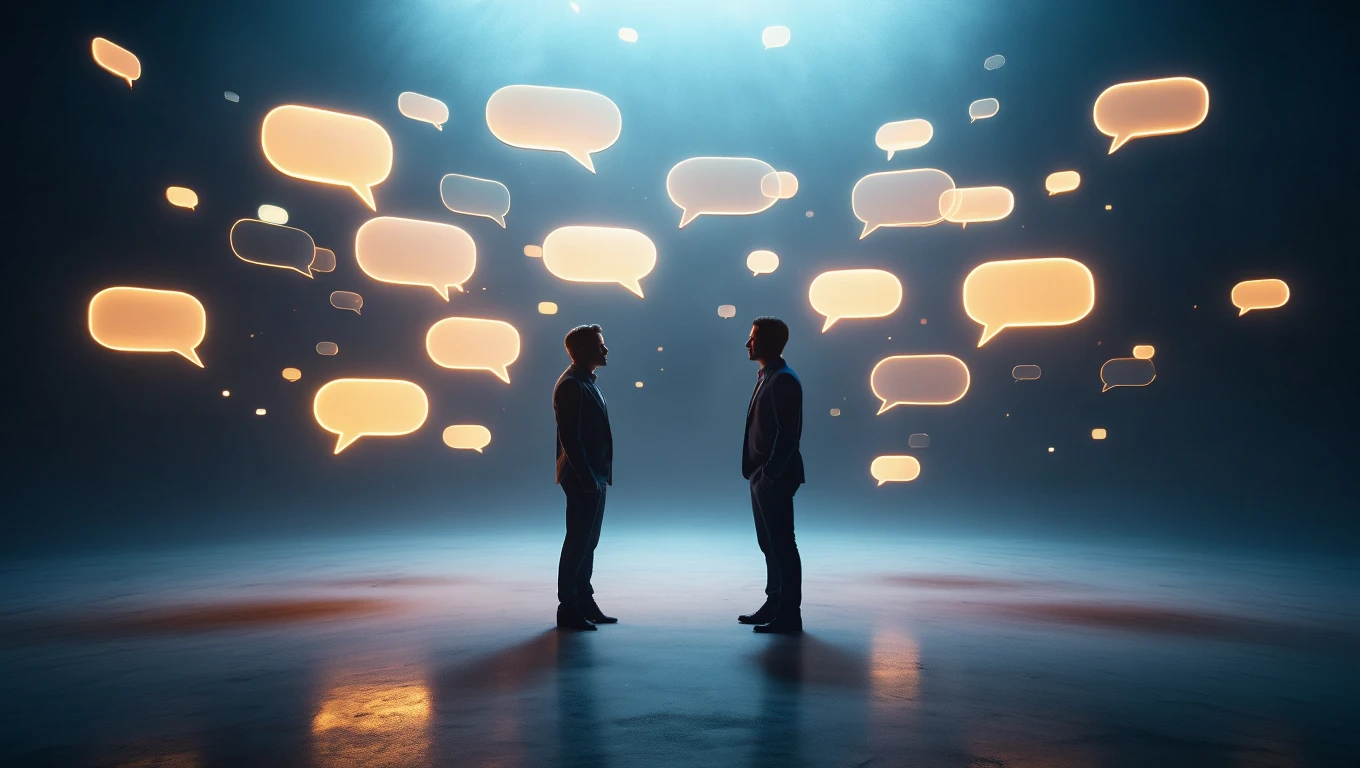Zwei Männer stehen sich gegenüber, umgeben von schwebenden Sprechblasen.