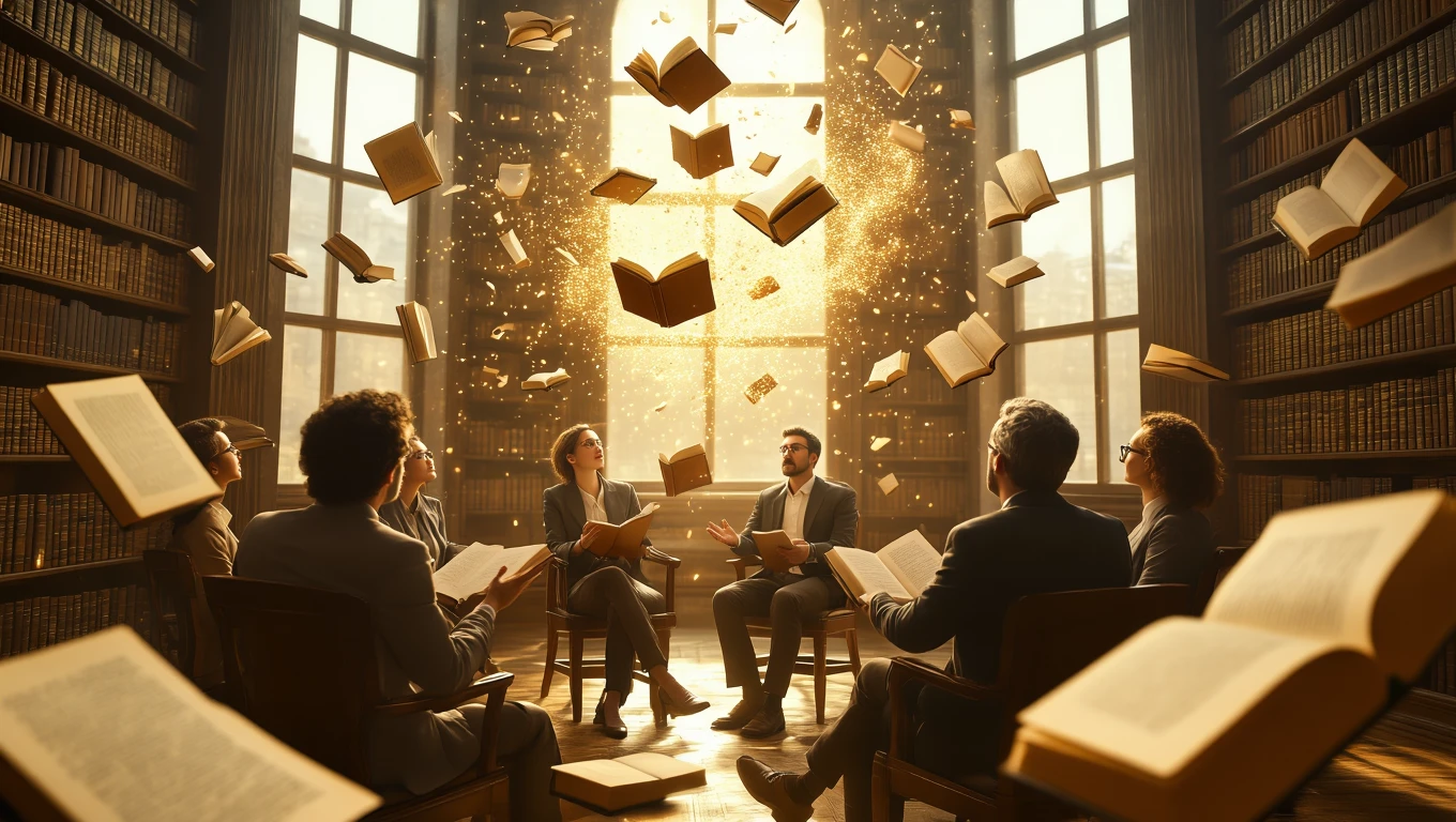 Eine Gruppe von Menschen diskutiert in einer Bibliothek über Traumsymbole.