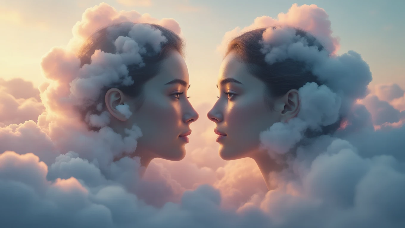 Zwei Gesichter, die in Wolken eingebettet sind, symbolisieren das Unterbewusstsein und Träume.