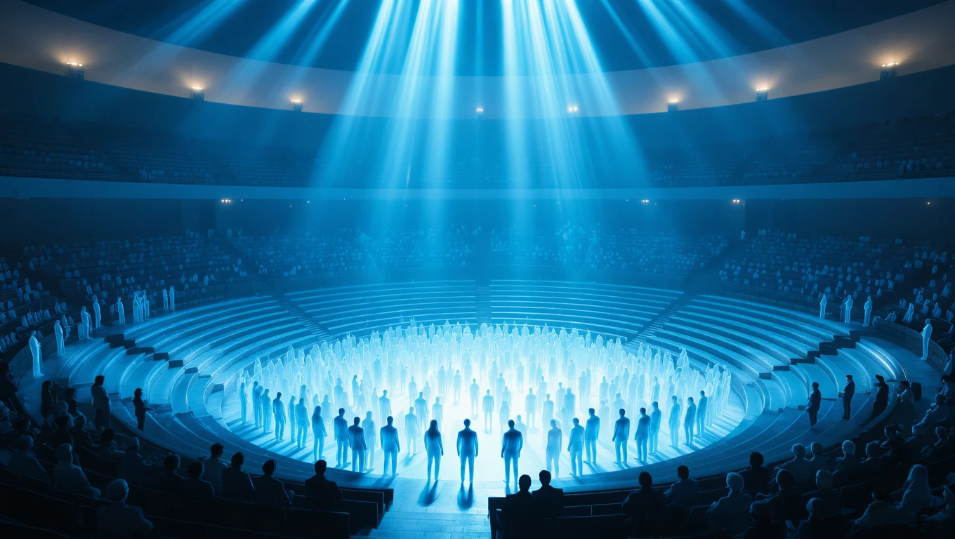 Eine Gruppe von Menschen steht in einem beleuchteten Raum, umgeben von einer Zuschauertribüne.