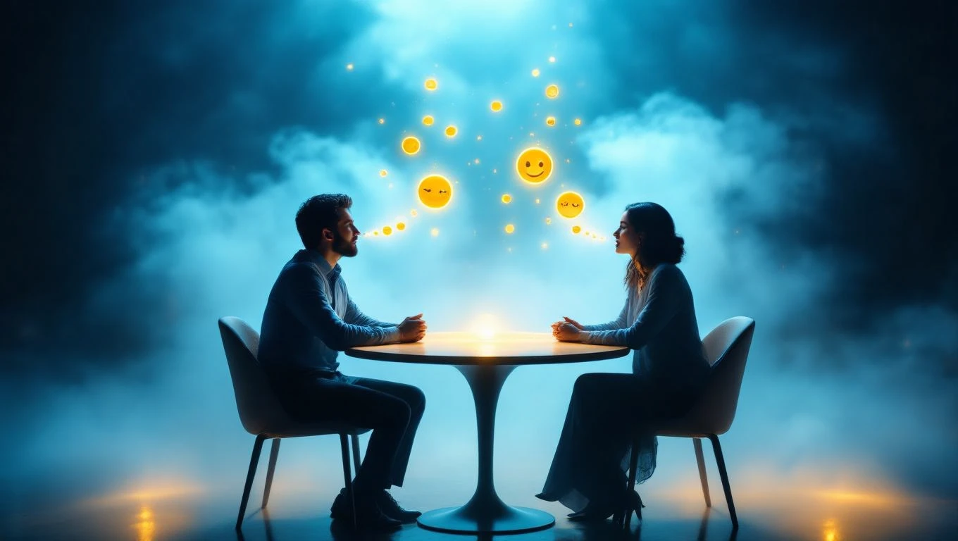 Zwei Personen sitzen sich an einem Tisch gegenüber und kommunizieren mit Gedankenblasen voller Smiley-Gesichter.