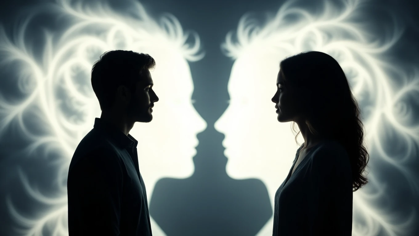 Silhouetten eines Mannes und einer Frau, die sich gegenüberstehen, vor einem mystischen Hintergrund.