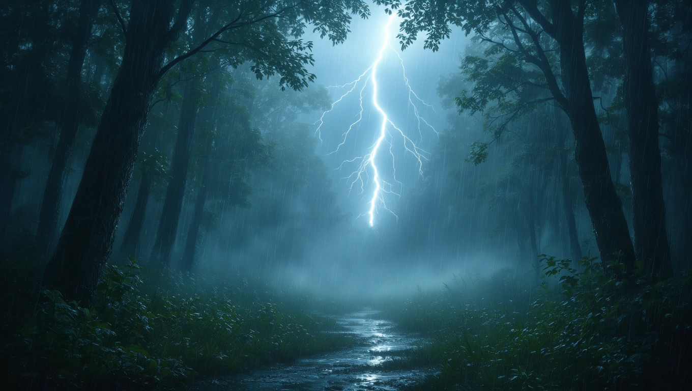 Ein Gewitter mit Blitz in einem nebligen Wald, symbolisiert starke Emotionen.