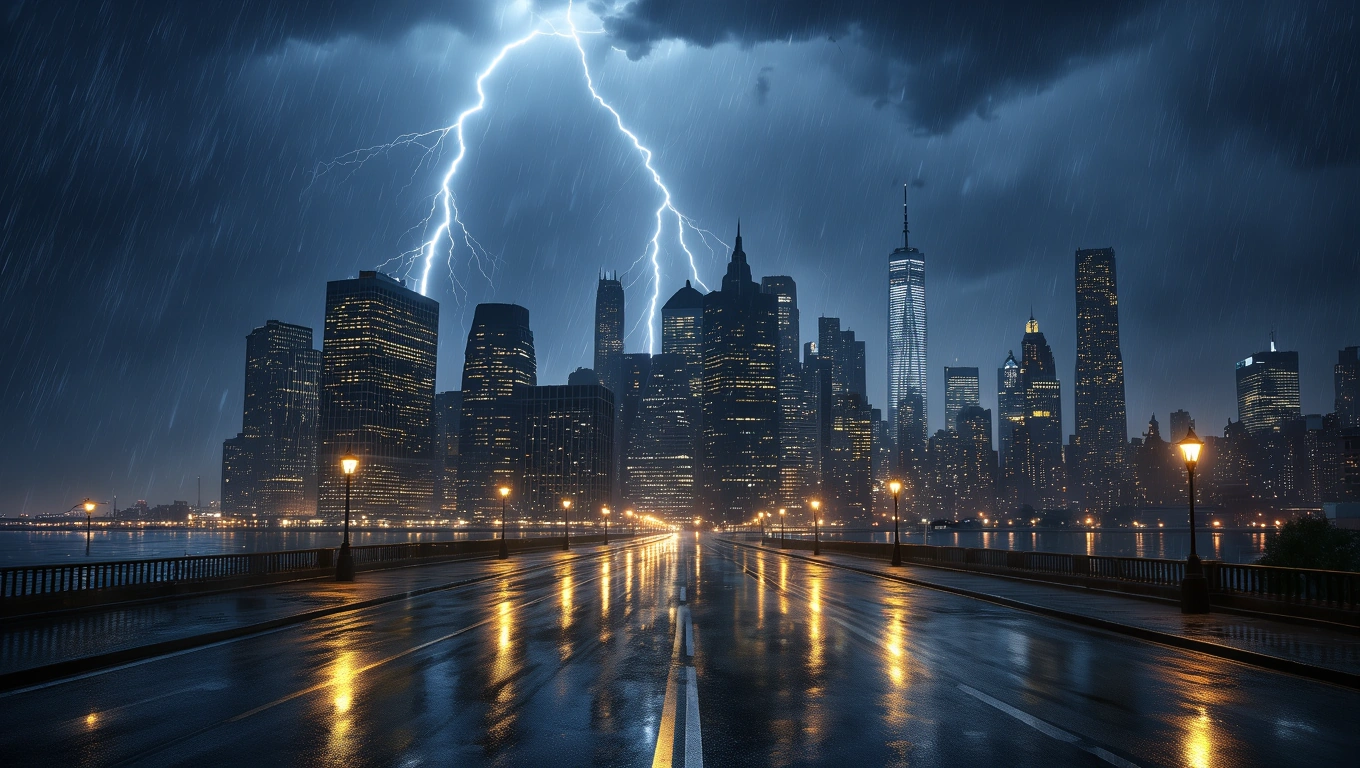 Ein Gewitter über einer Stadt mit Blitz und Regen, symbolisiert emotionale Veränderungen.
