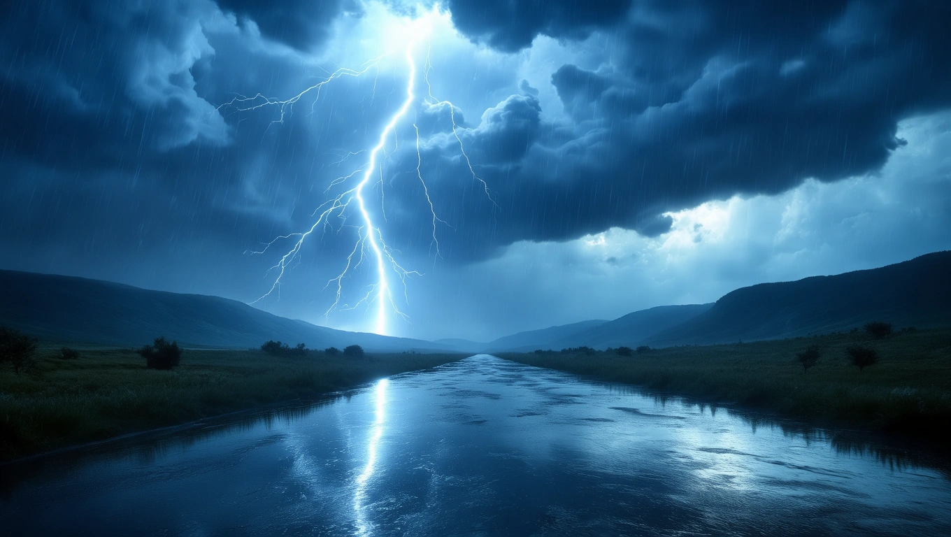 Ein dramatisches Gewitter mit Blitzen über einem ruhigen Fluss.
