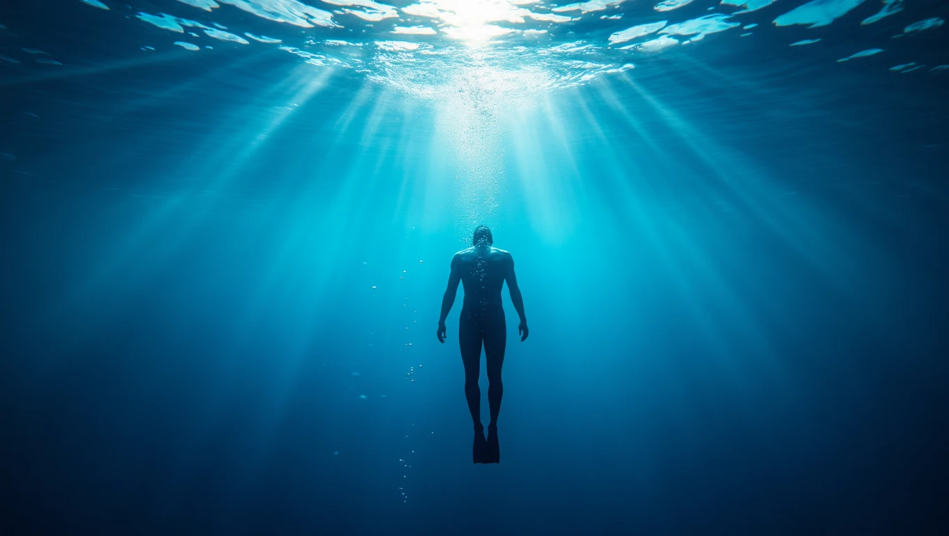 Ein Mensch taucht in tiefblauem Wasser, umgeben von Lichtstrahlen.