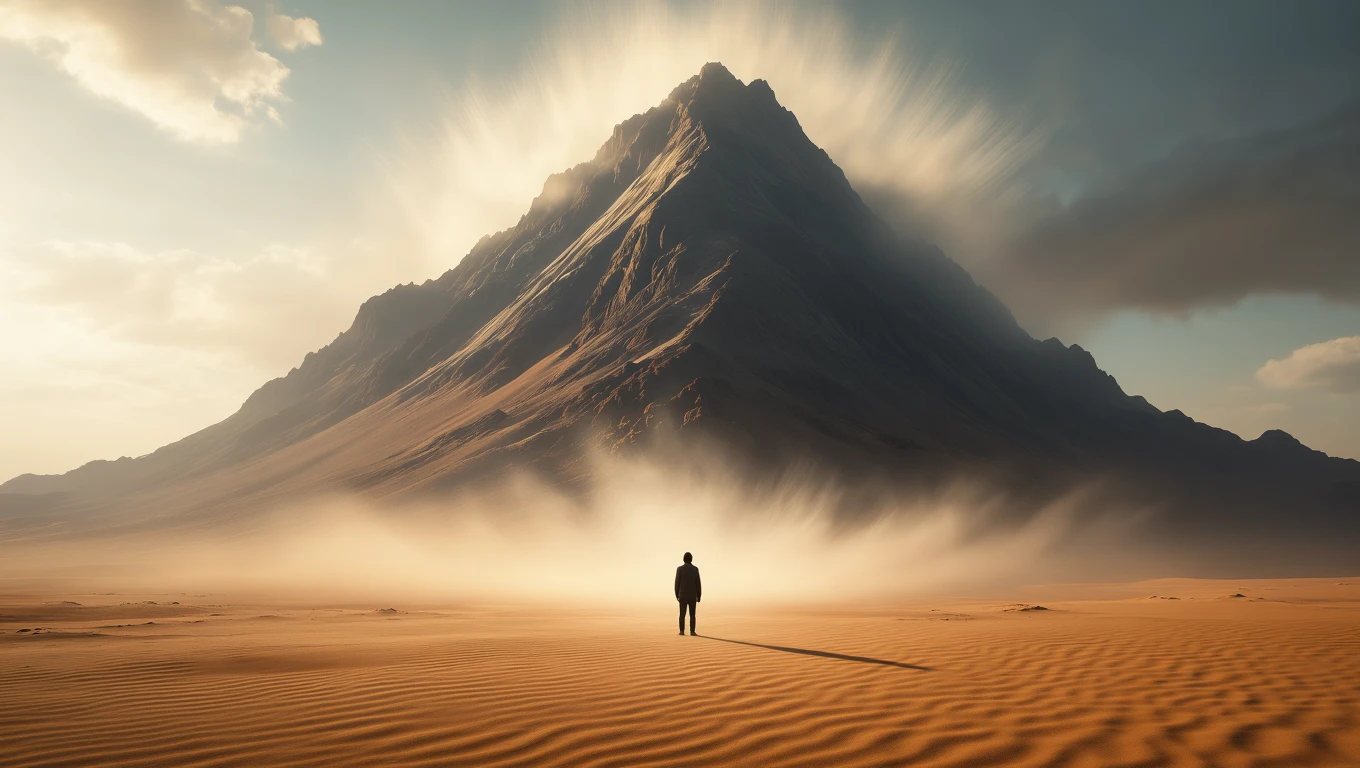 Eine Person steht in der Wüste vor einem majestätischen Berg, umgeben von Nebel.