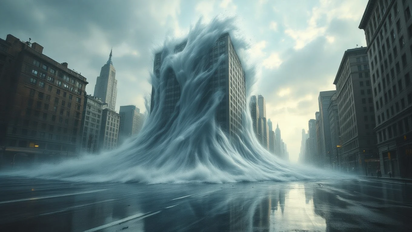 Eine riesige Welle überflutet eine Stadtstraße mit hohen Gebäuden.