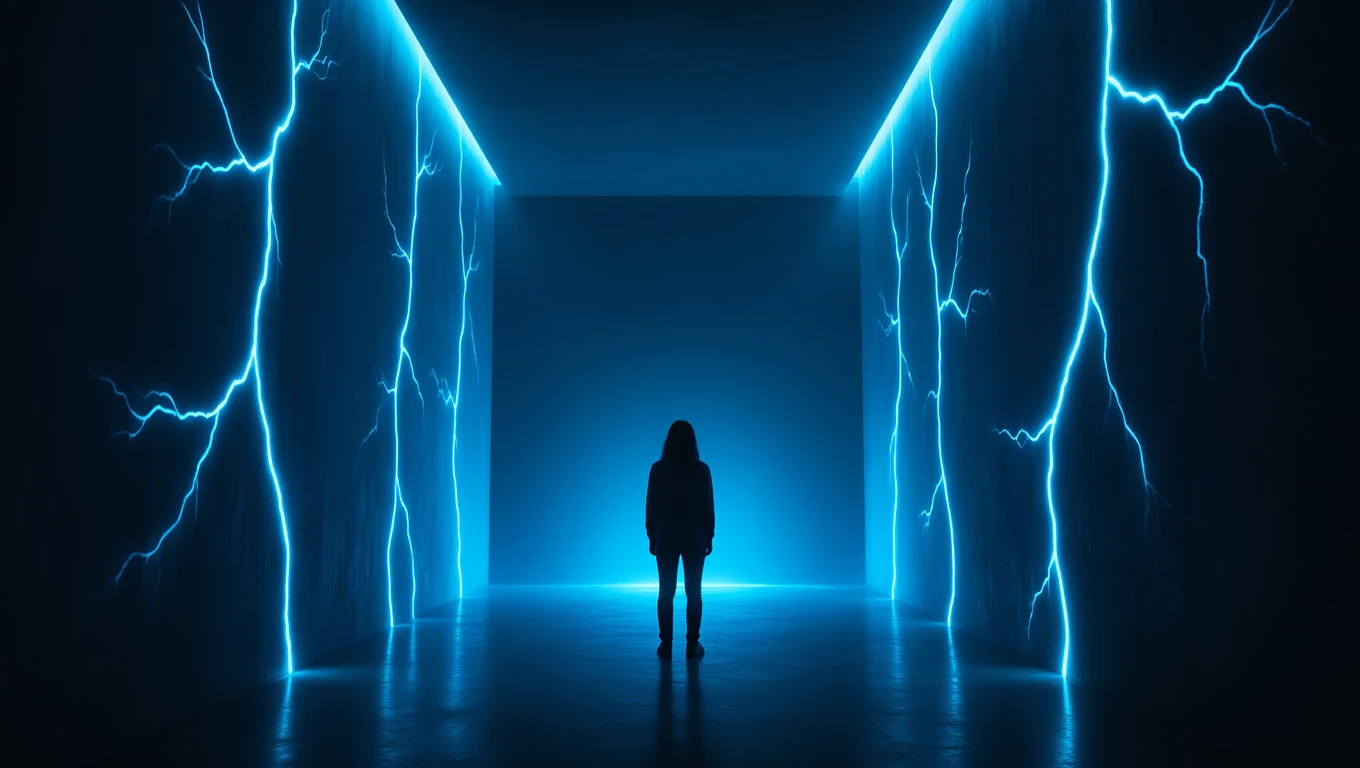 Eine Person steht in einem dunklen Raum mit blauen Lichtblitzen an den Wänden.