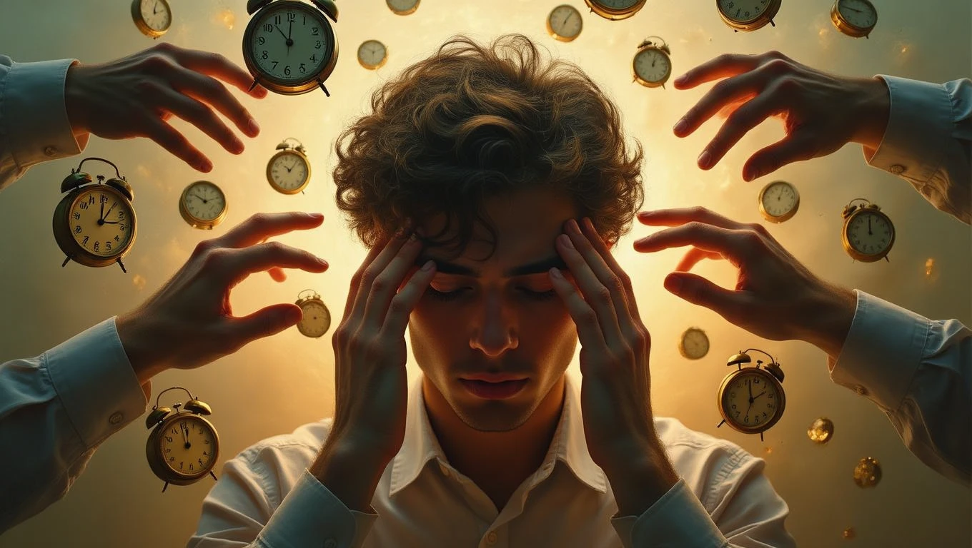 Ein junger Mann hält sich den Kopf, umgeben von Uhren, die Zeitdruck symbolisieren.