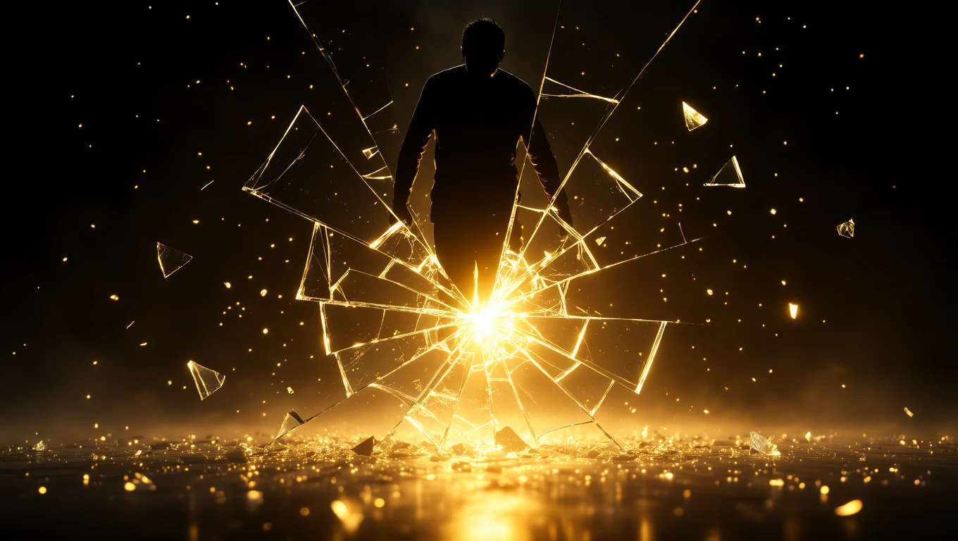 Eine Silhouette eines Menschen, der durch zerbrochenes Glas tritt, symbolisiert Transformation.