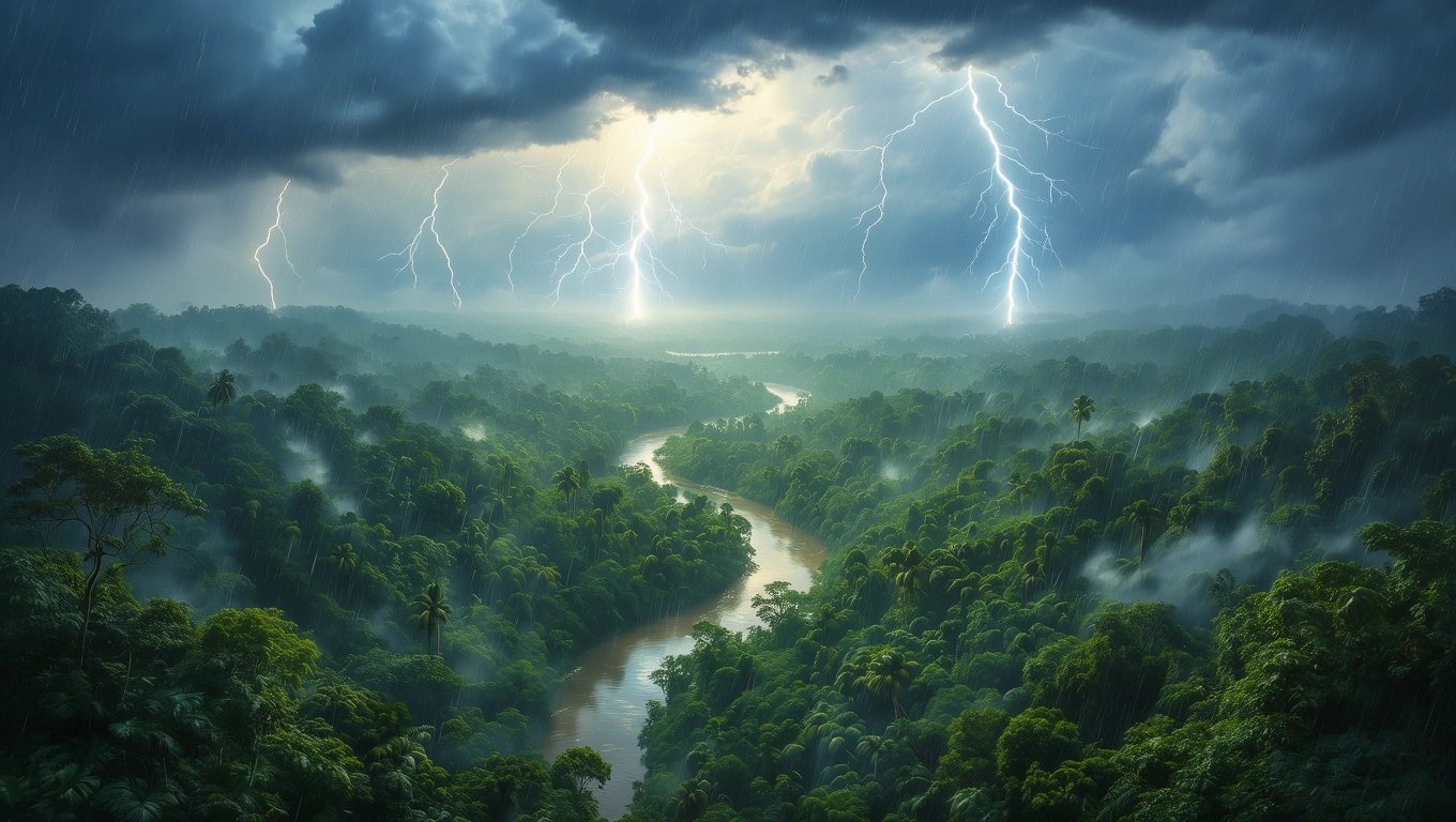 Ein dichter Dschungel unter einem stürmischen Himmel mit Blitzen und Regen.
