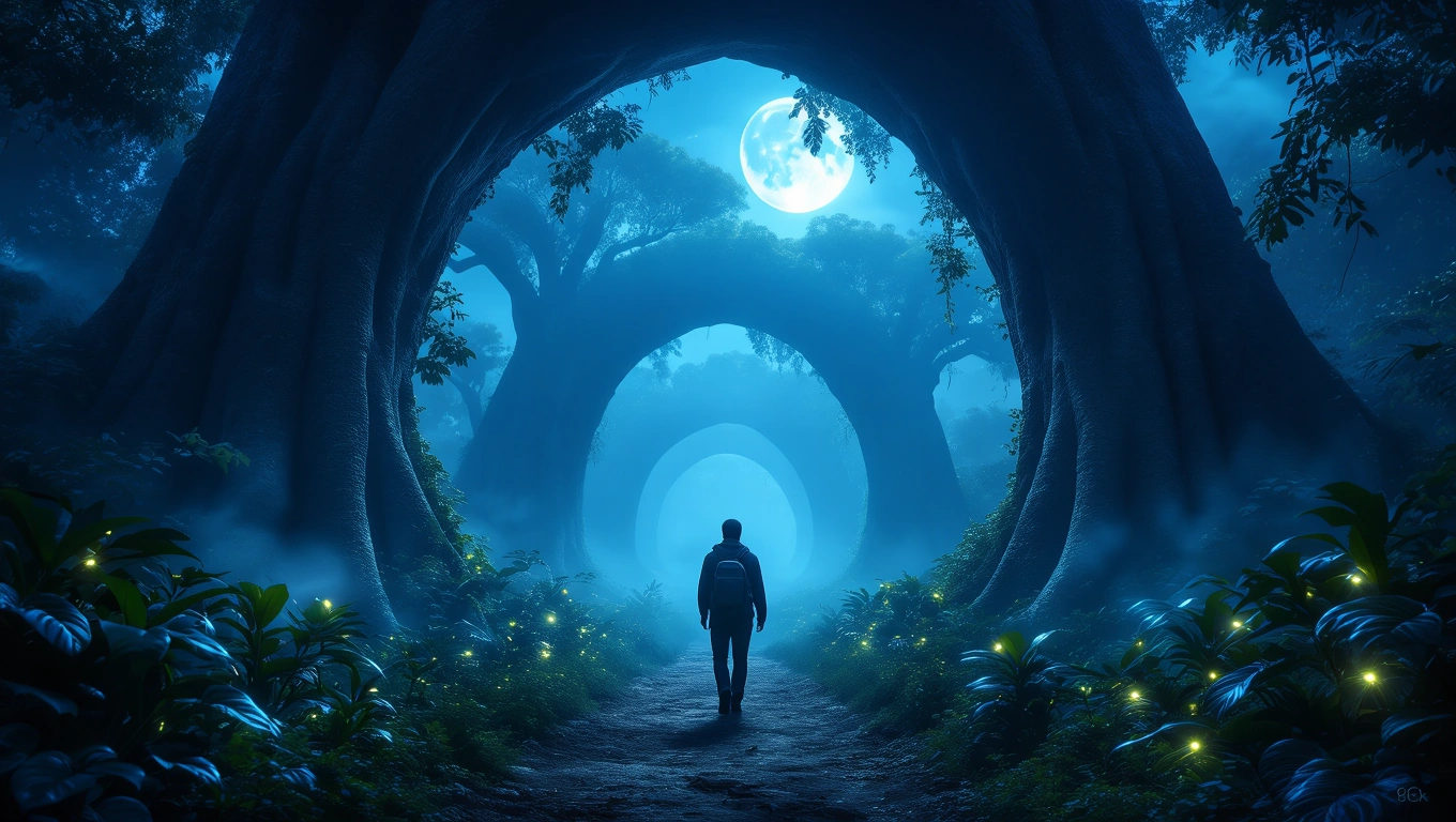 Ein Mensch steht in einem geheimnisvollen Dschungel mit leuchtenden Pflanzen und großen Bäumen.