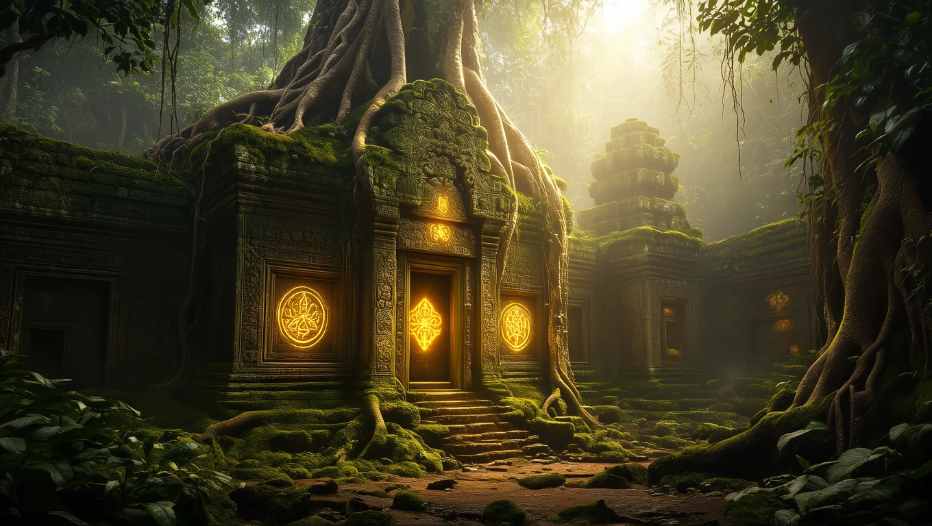 Ein geheimnisvoller Dschungeltempel, umgeben von üppigem Grün und Sonnenstrahlen.