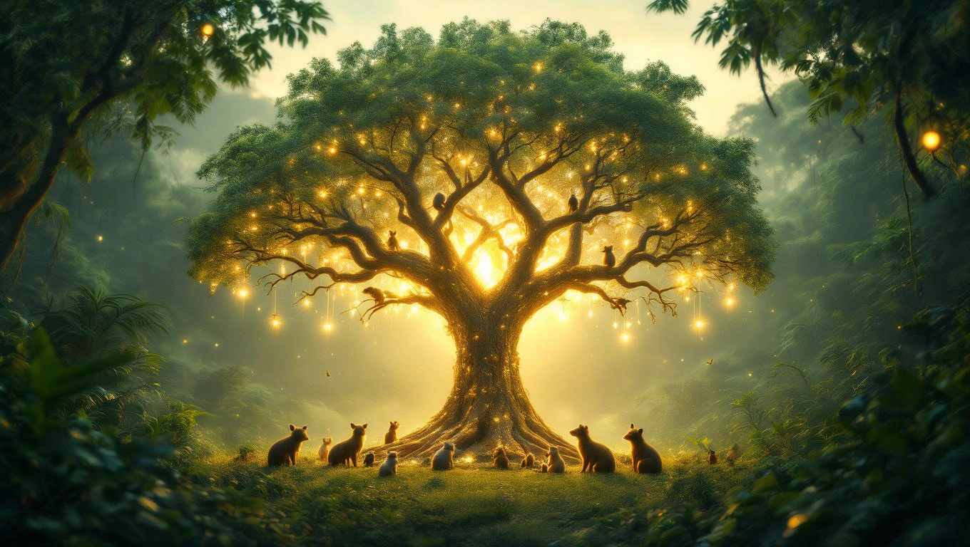 Ein leuchtender Baum im Dschungel, umgeben von Tieren, die in Harmonie sitzen.