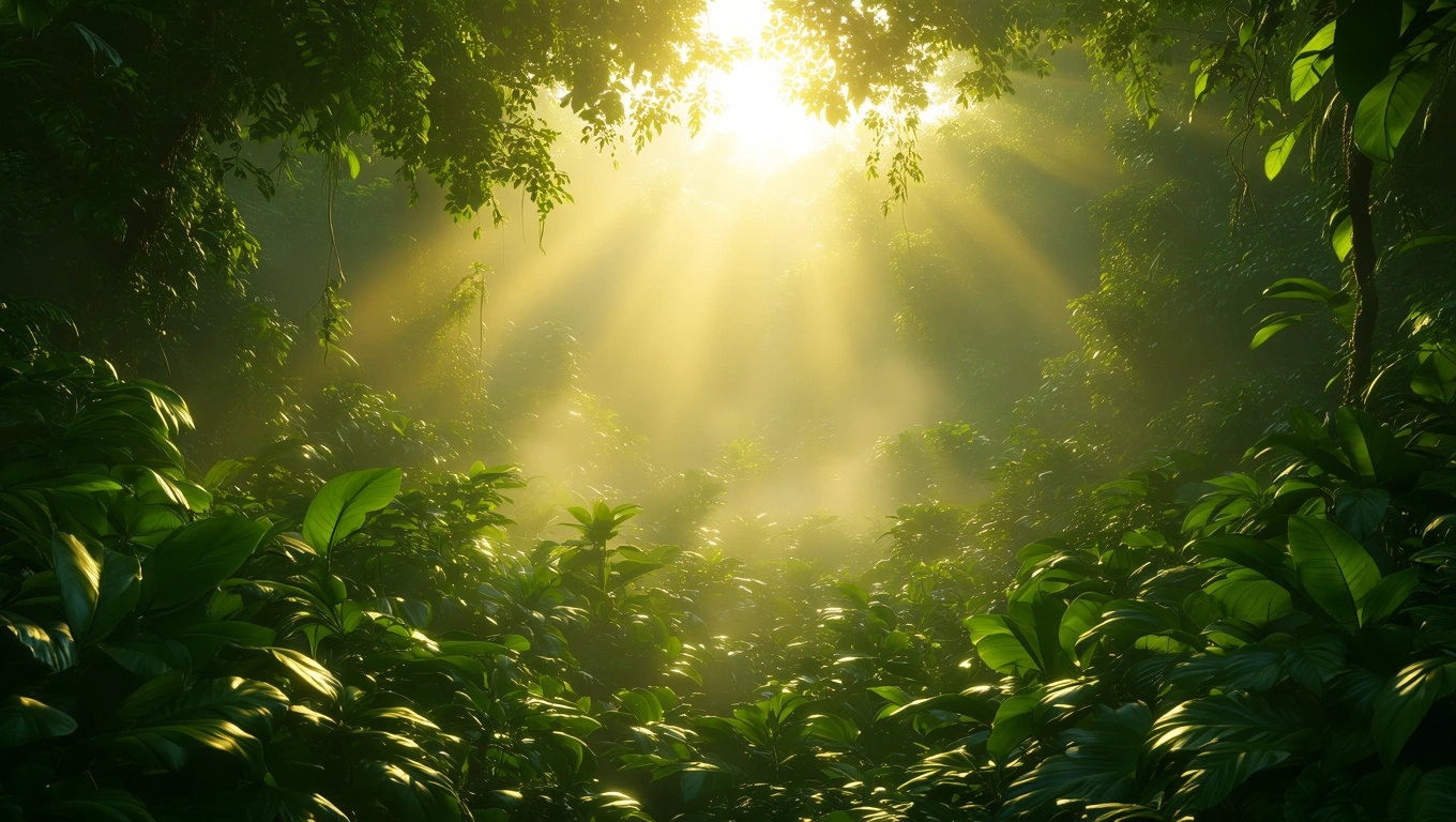 Ein dichter Dschungel mit Sonnenstrahlen, die durch das Blätterdach scheinen.