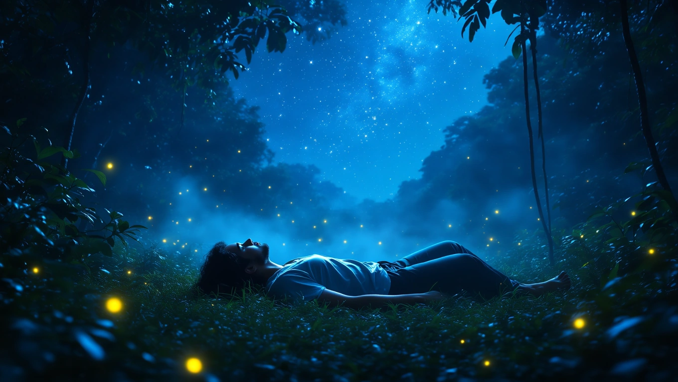 Eine Person liegt im Dschungel unter einem sternenklaren Himmel, umgeben von Glühwürmchen.