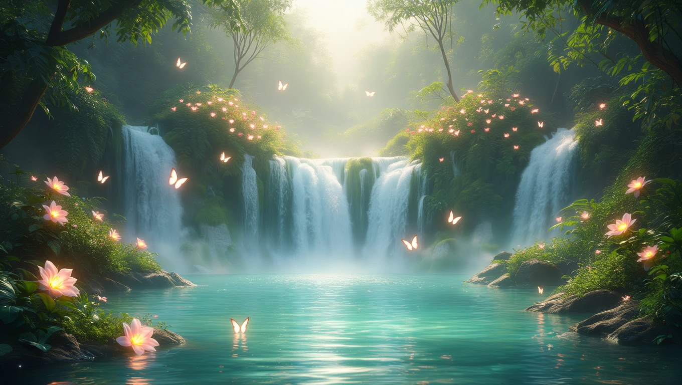 Ein malerischer Dschungel mit Wasserfall, Blumen und Schmetterlingen.