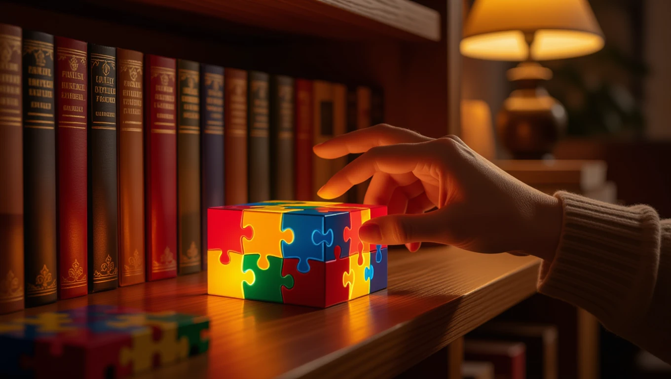 Eine Hand greift nach einem bunten Puzzle auf einem Regal zwischen Büchern.