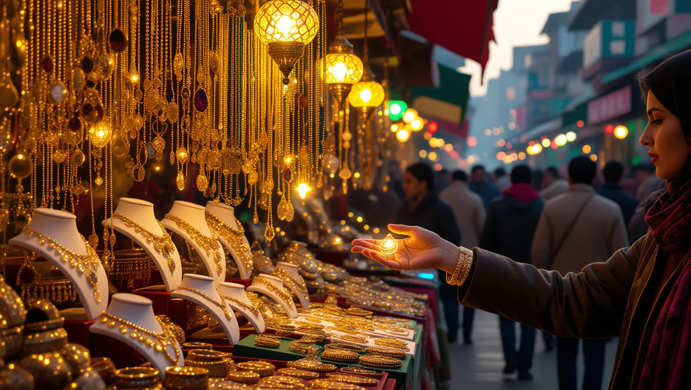 Eine Person betrachtet funkelnden Schmuck auf einem Marktstand.