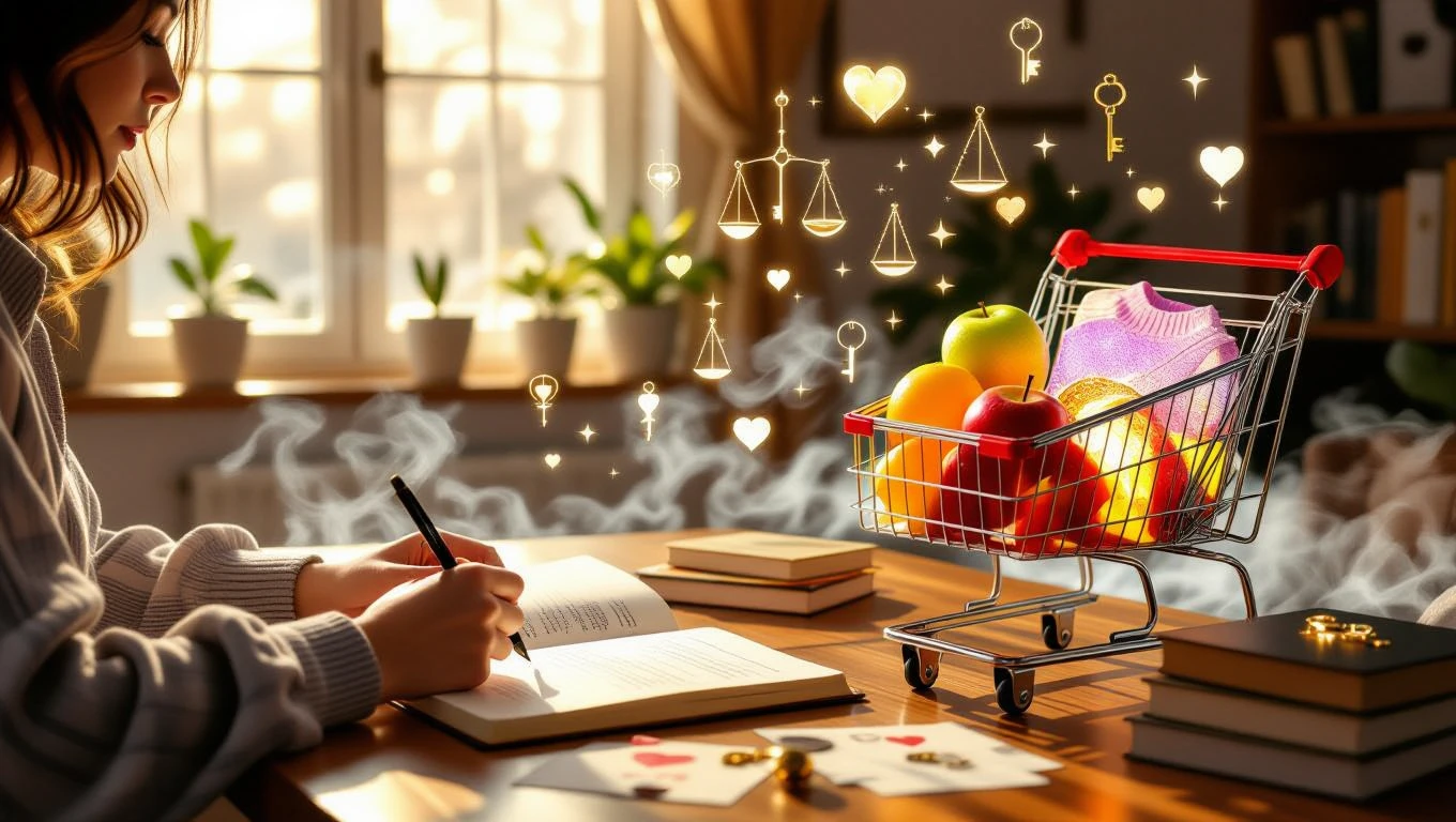 Eine Frau schreibt in ein Notizbuch, während ein Einkaufswagen mit Obst und Kleidung neben ihr steht.