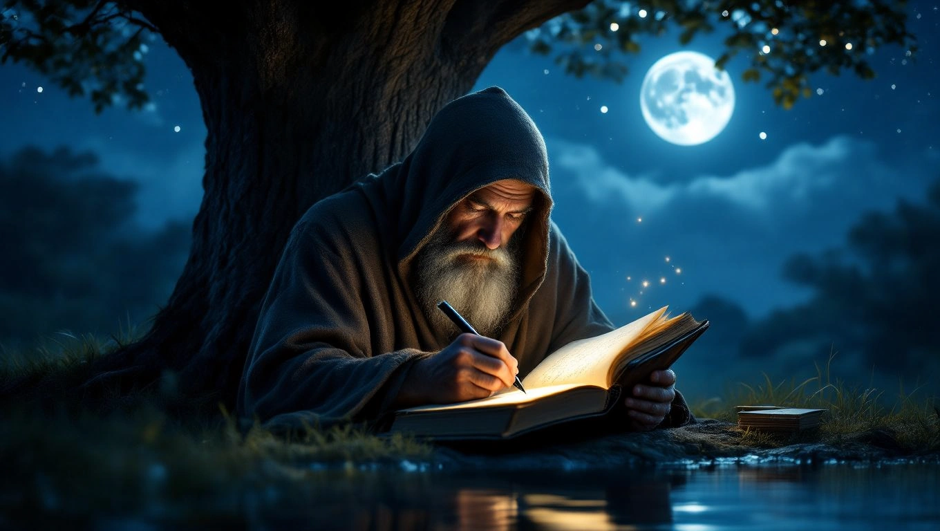 Ein weiser Einsiedler schreibt in einem Buch unter einem Baum bei Nacht.