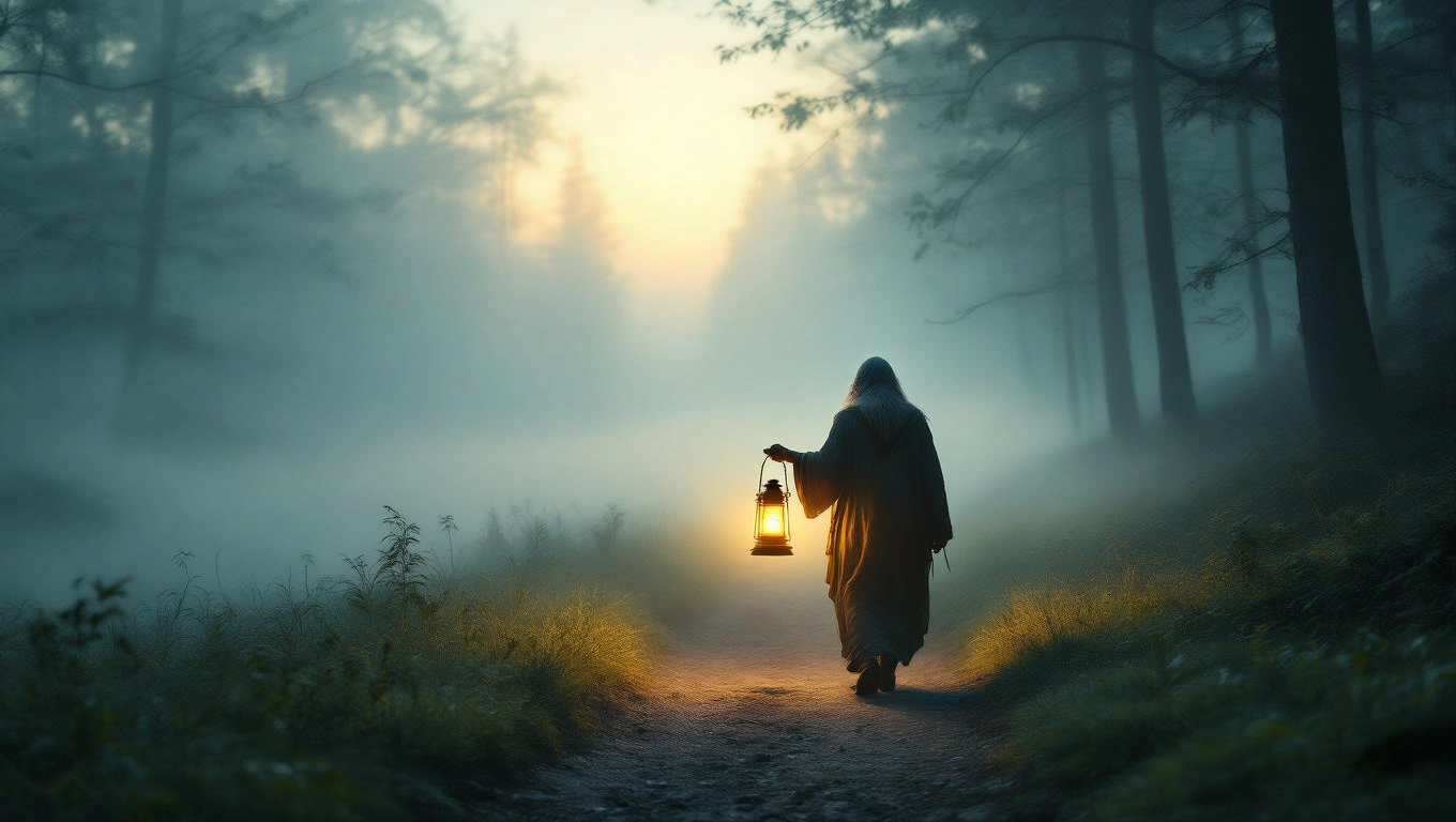 Ein Einsiedler mit einer Laterne wandert durch einen nebligen Wald.