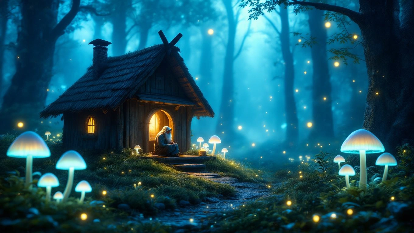 Eine einsame Hütte im Wald, umgeben von leuchtenden Pilzen und sanften Lichtern.