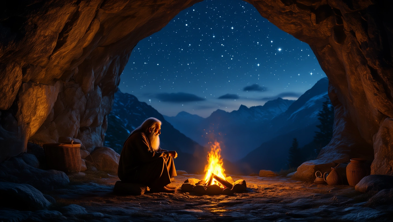 Ein weiser Einsiedler sitzt vor einem Lagerfeuer in einer Höhle unter einem sternenklaren Himmel.