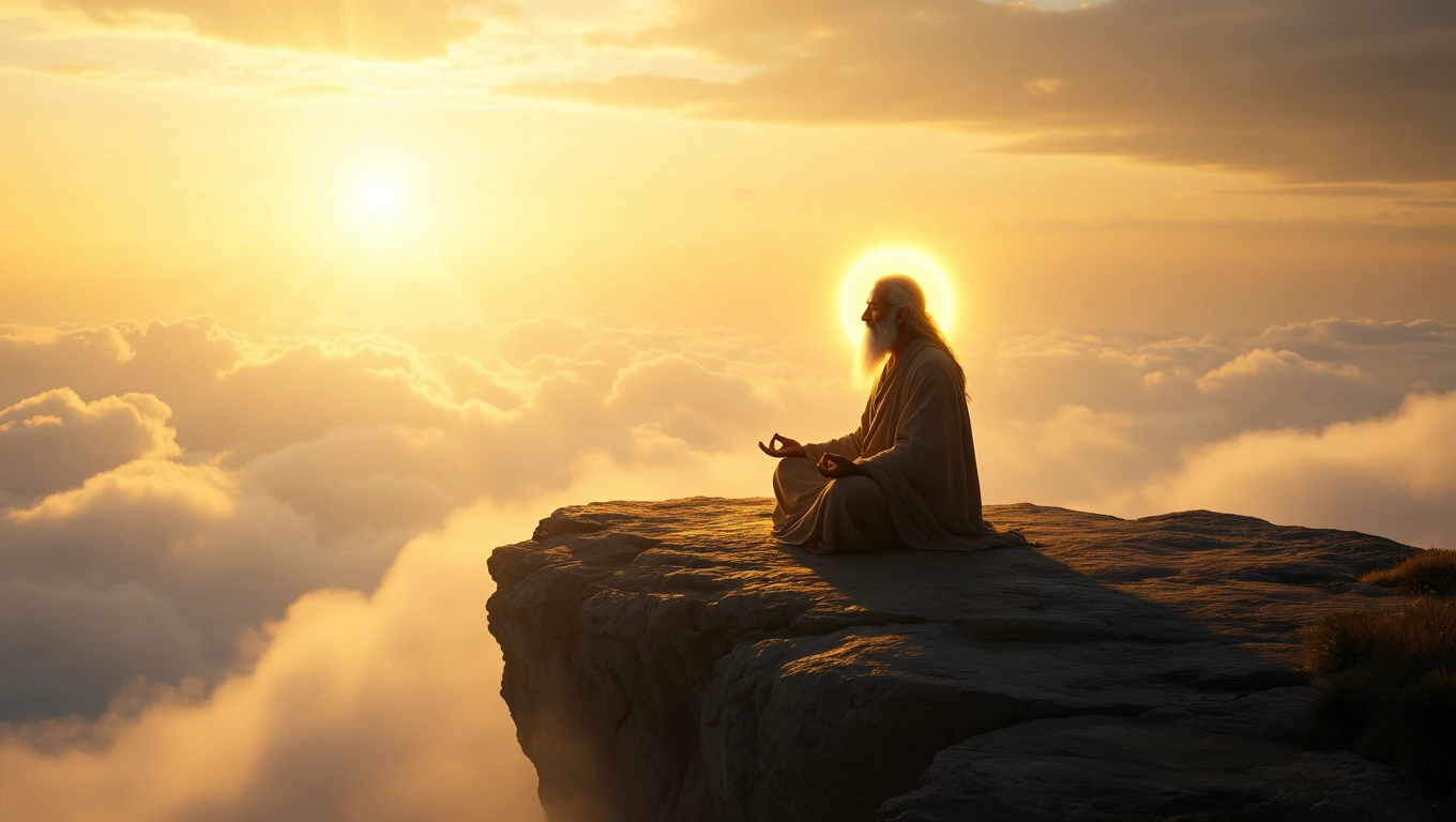 Ein weiser Einsiedler meditiert auf einem Felsen über den Wolken bei Sonnenuntergang.
