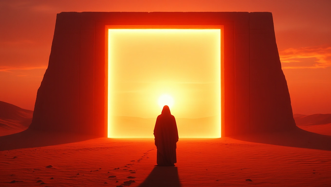Ein Einsiedler steht vor einem leuchtenden Tor in der Wüste bei Sonnenuntergang.