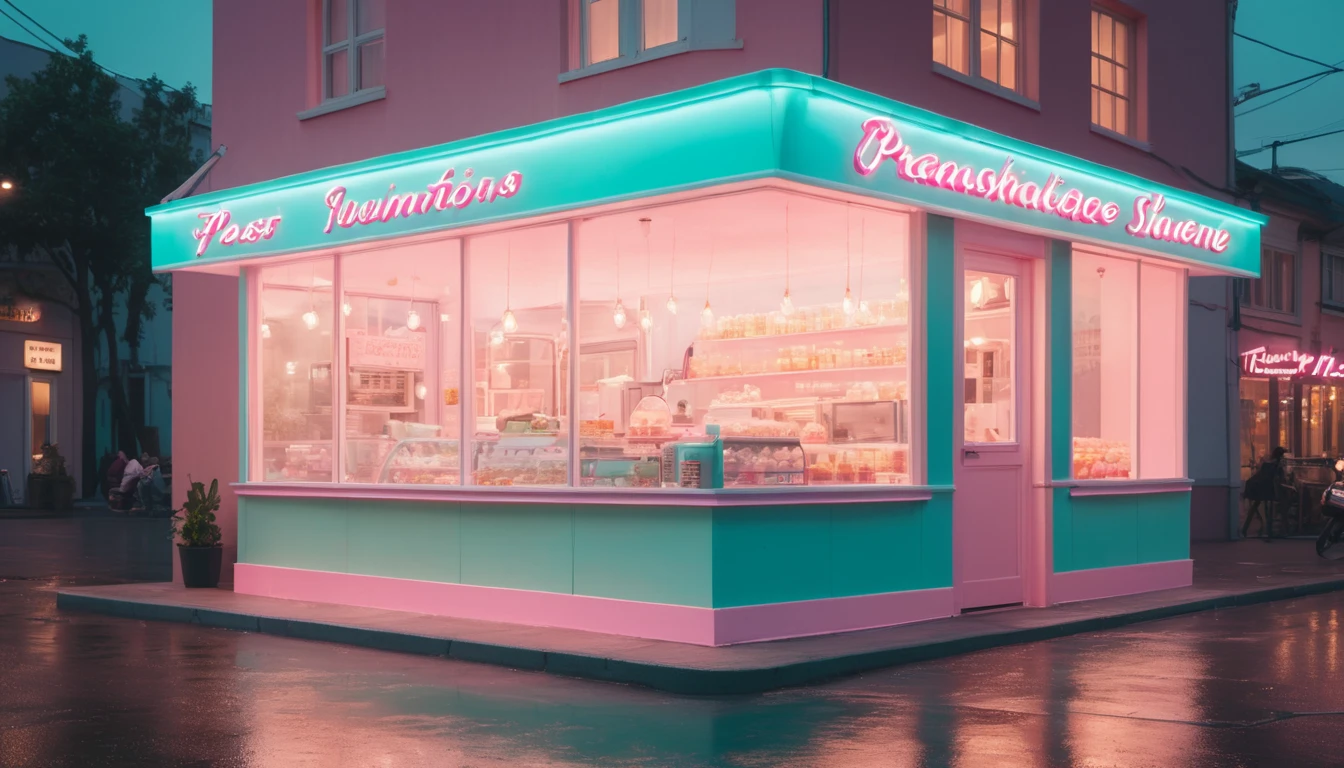 Ein farbenfrohes Eiscafé mit leuchtenden Neonlichtern und einer einladenden Atmosphäre.