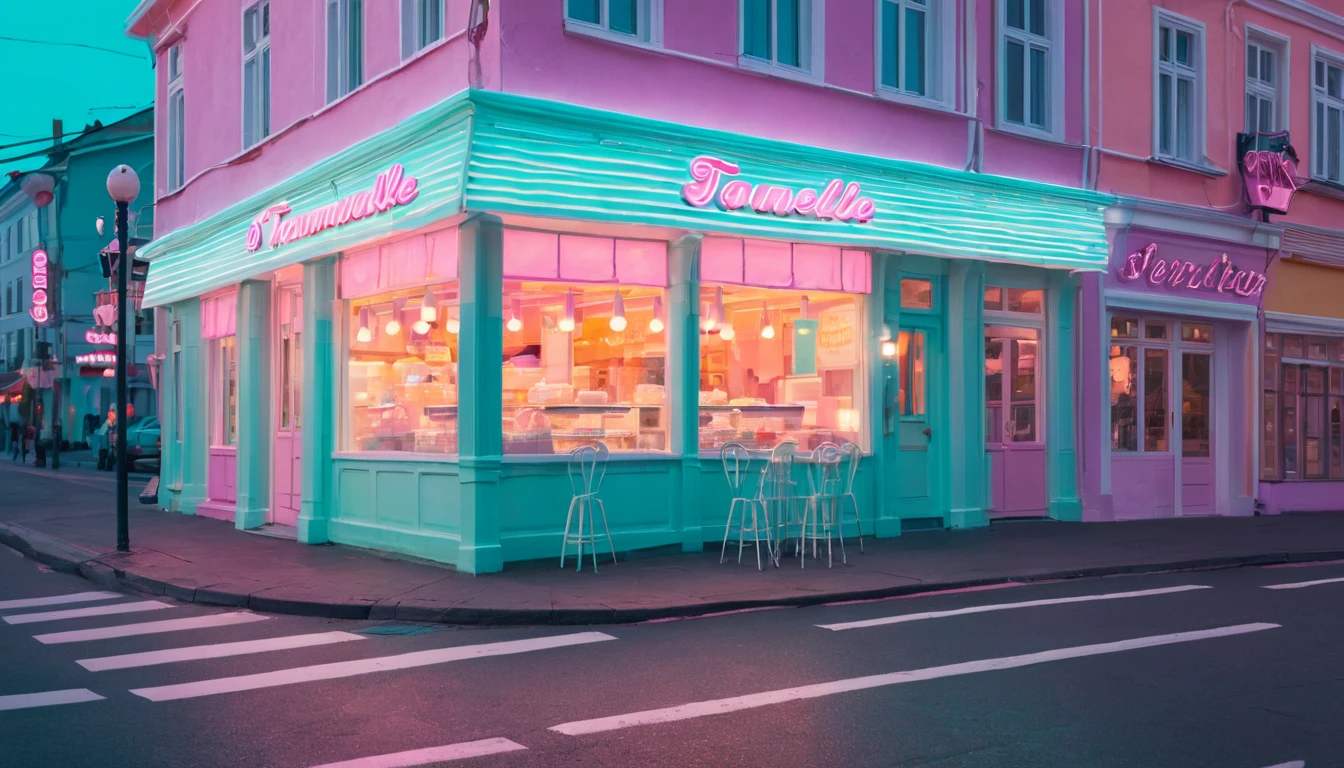 Bunte Eisdiele mit einladendem Schaufenster und Stühlen draußen.