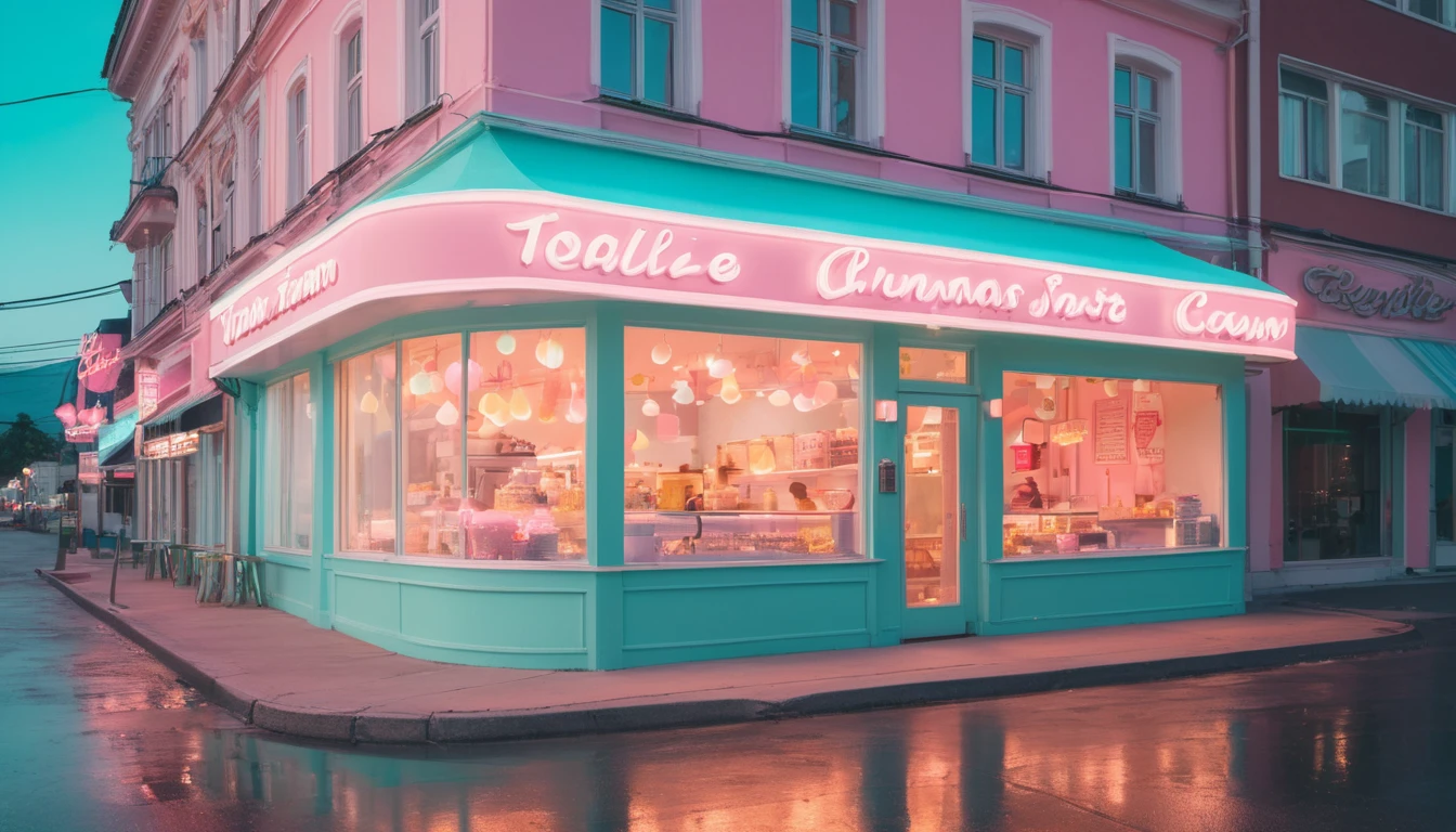 Bunte Eisdiele mit leuchtenden Lichtern und einladendem Schaufenster.