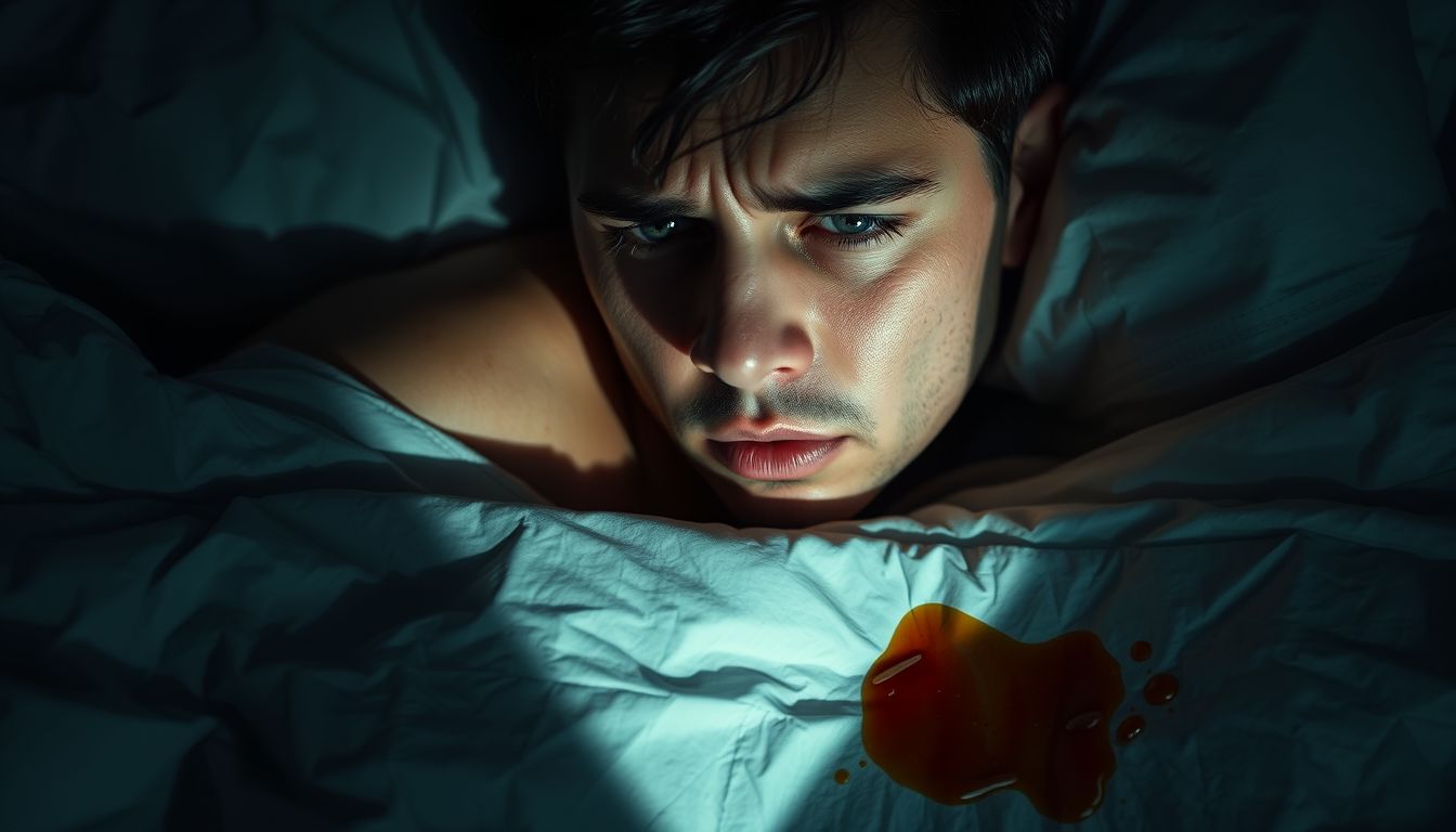 Ein junger Mann liegt besorgt im Bett, mit einer gelben Flüssigkeit auf den Laken.
