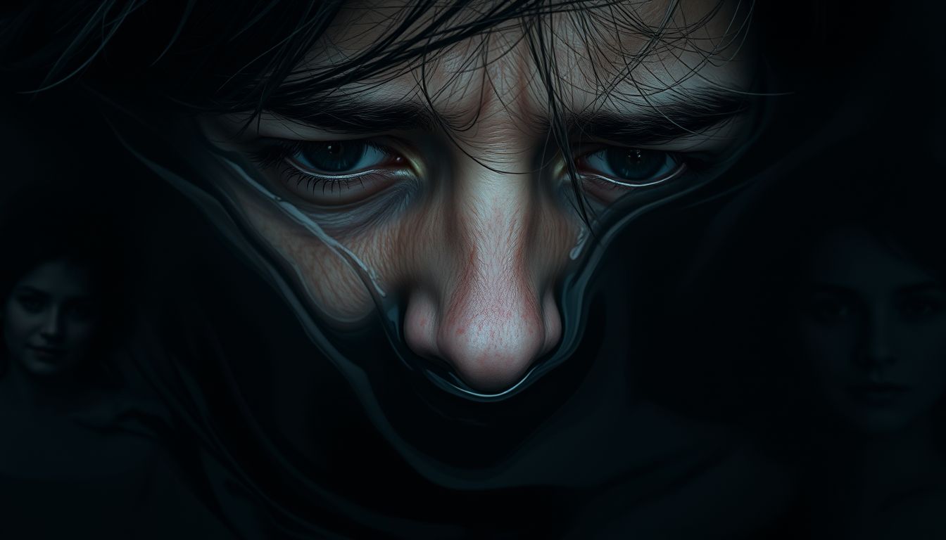 Ein emotionaler Gesichtsausdruck, der innere Konflikte und Heilungsprozesse symbolisiert.