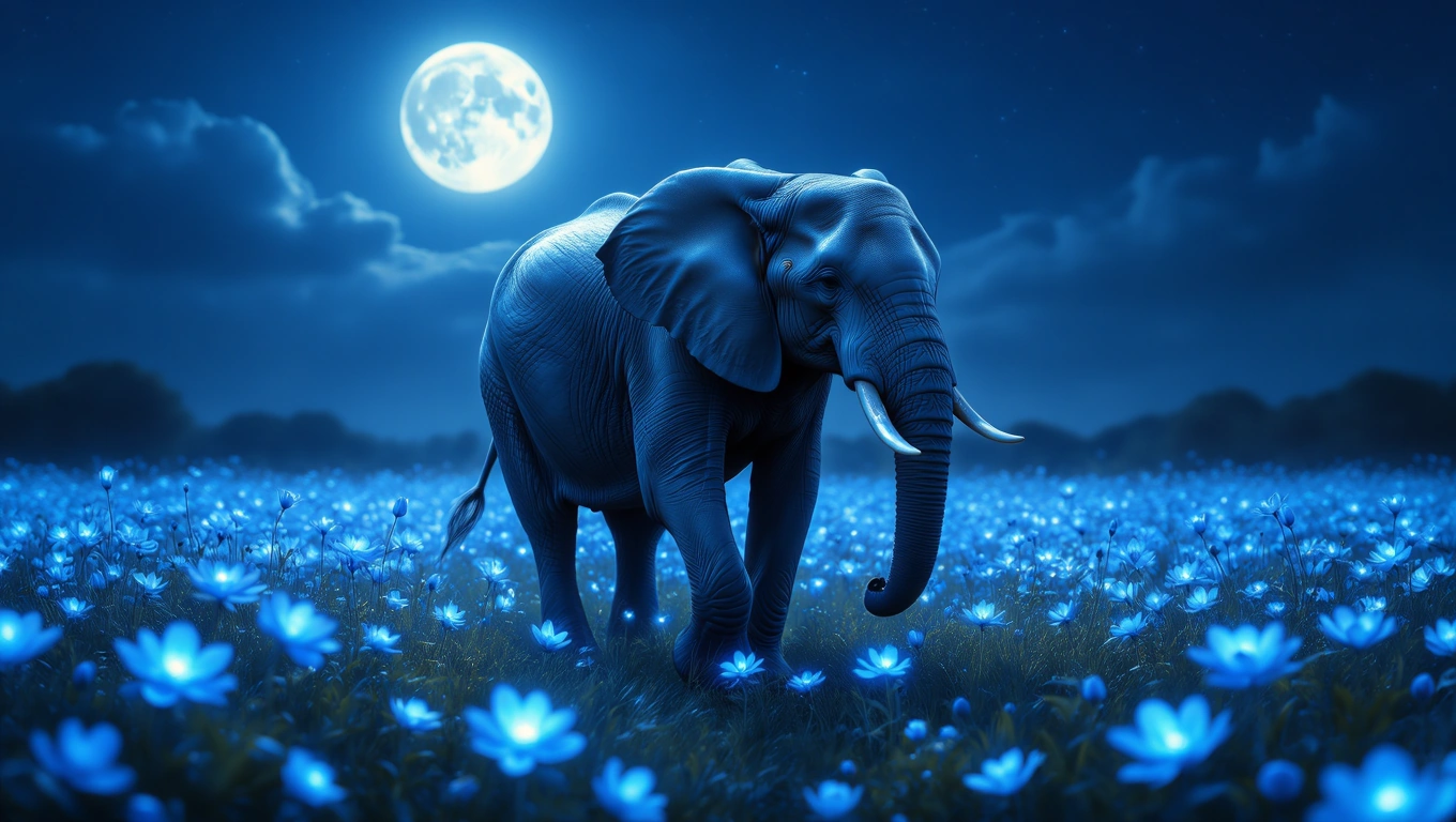 Ein majestätischer Elefant wandert durch ein blühendes, blaues Feld unter dem Mondlicht.