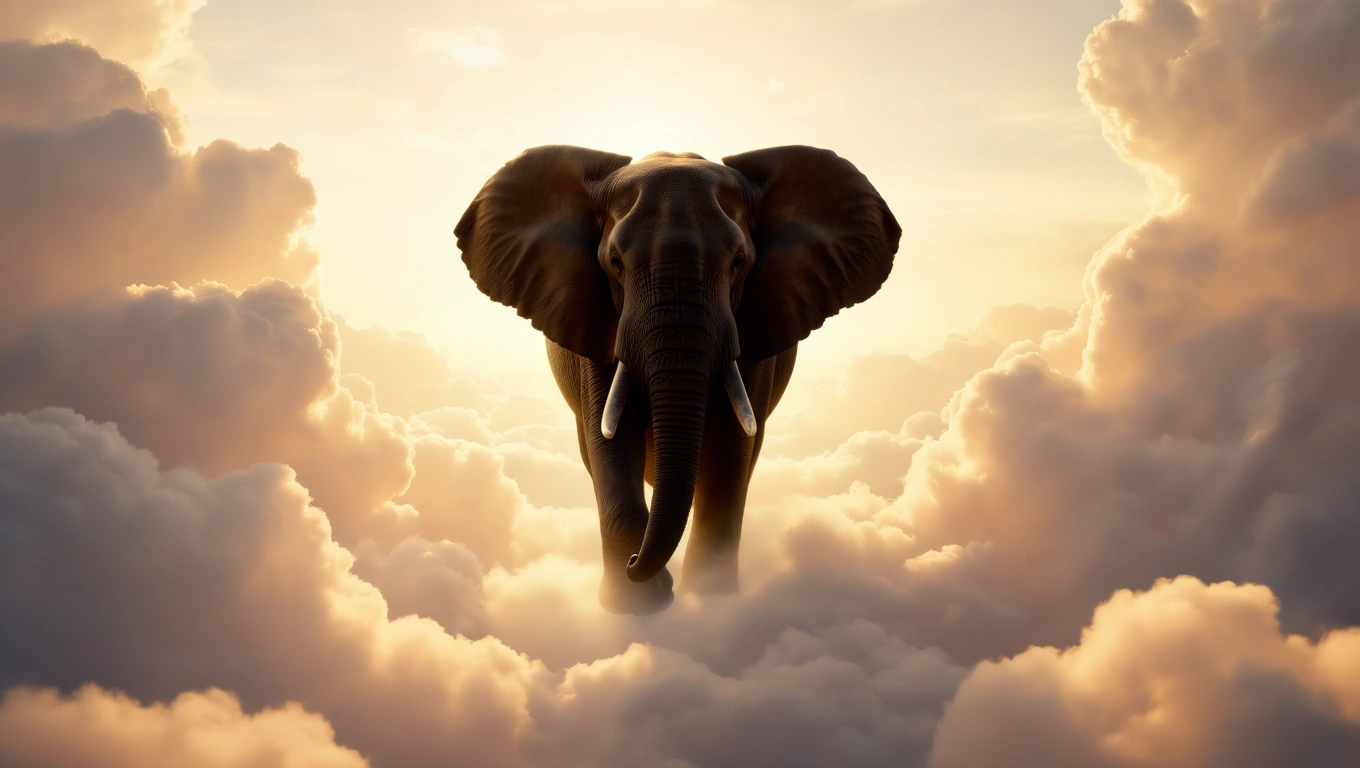Ein majestätischer Elefant schwebt durch eine Wolkenlandschaft im Sonnenlicht.