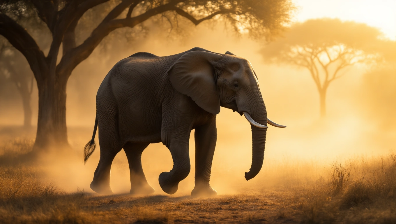 Ein majestätischer Elefant schreitet durch eine neblige Landschaft bei Sonnenuntergang.