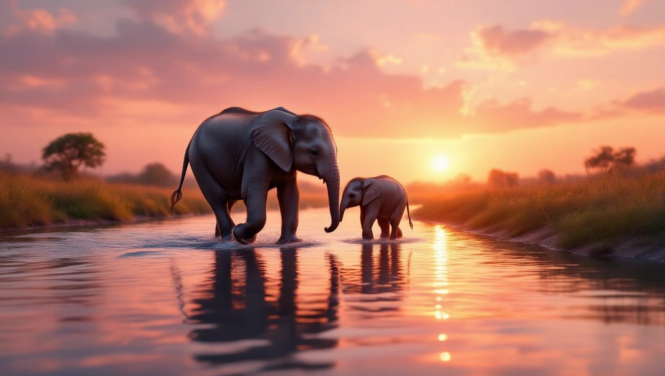 Ein Elefant und ein Kalb gehen durch das Wasser bei Sonnenuntergang.