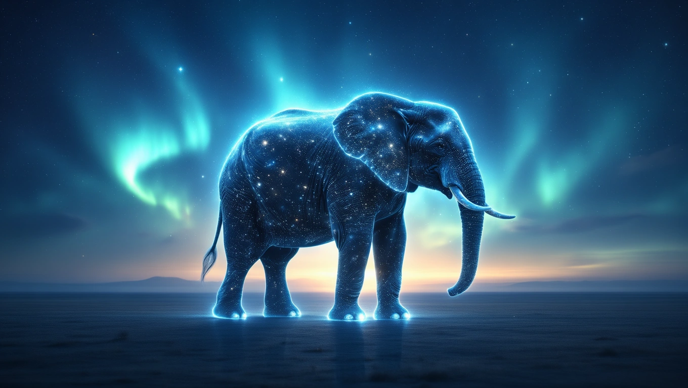 Ein leuchtender Elefant vor einem nächtlichen Himmel mit Nordlichtern.