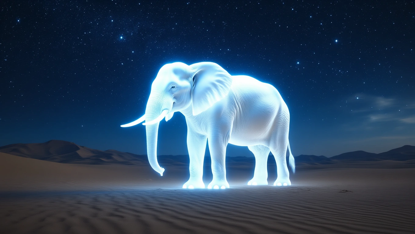 Ein leuchtender Elefant steht in einer Wüstenlandschaft unter einem Sternenhimmel.