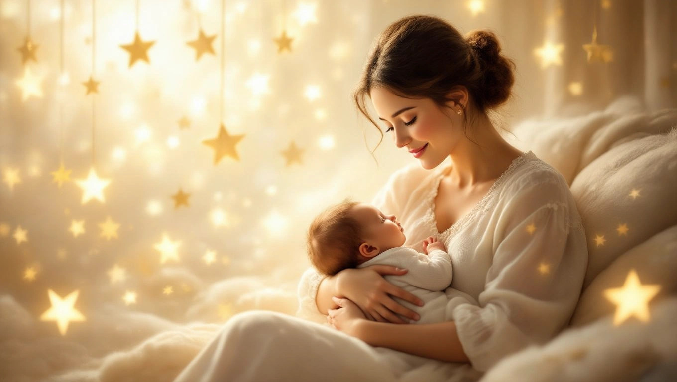 Eine liebevolle Mutter hält ihr schlafendes Baby in einem warmen, sternenbeleuchteten Raum.