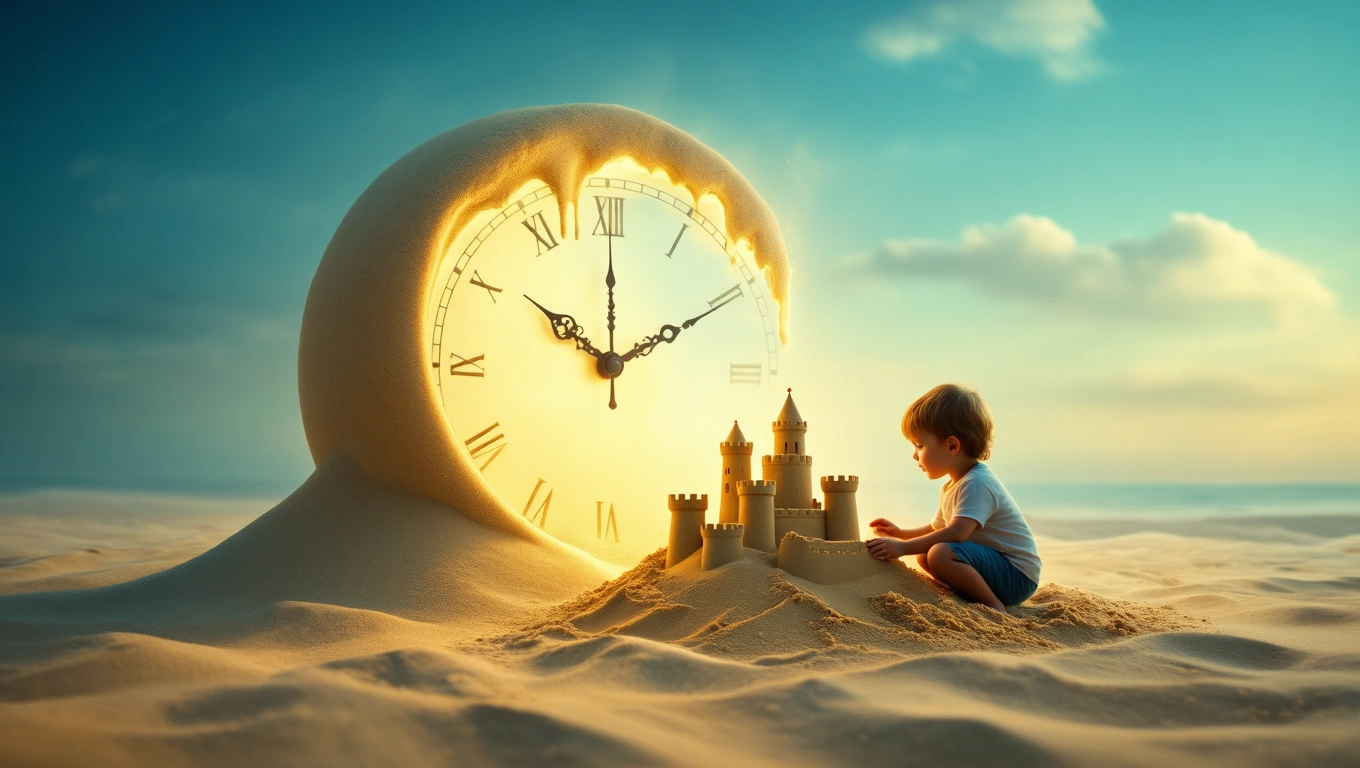 Ein Kind spielt mit einer Sandburg vor einer Uhr aus Sand, die die Zeit symbolisiert.