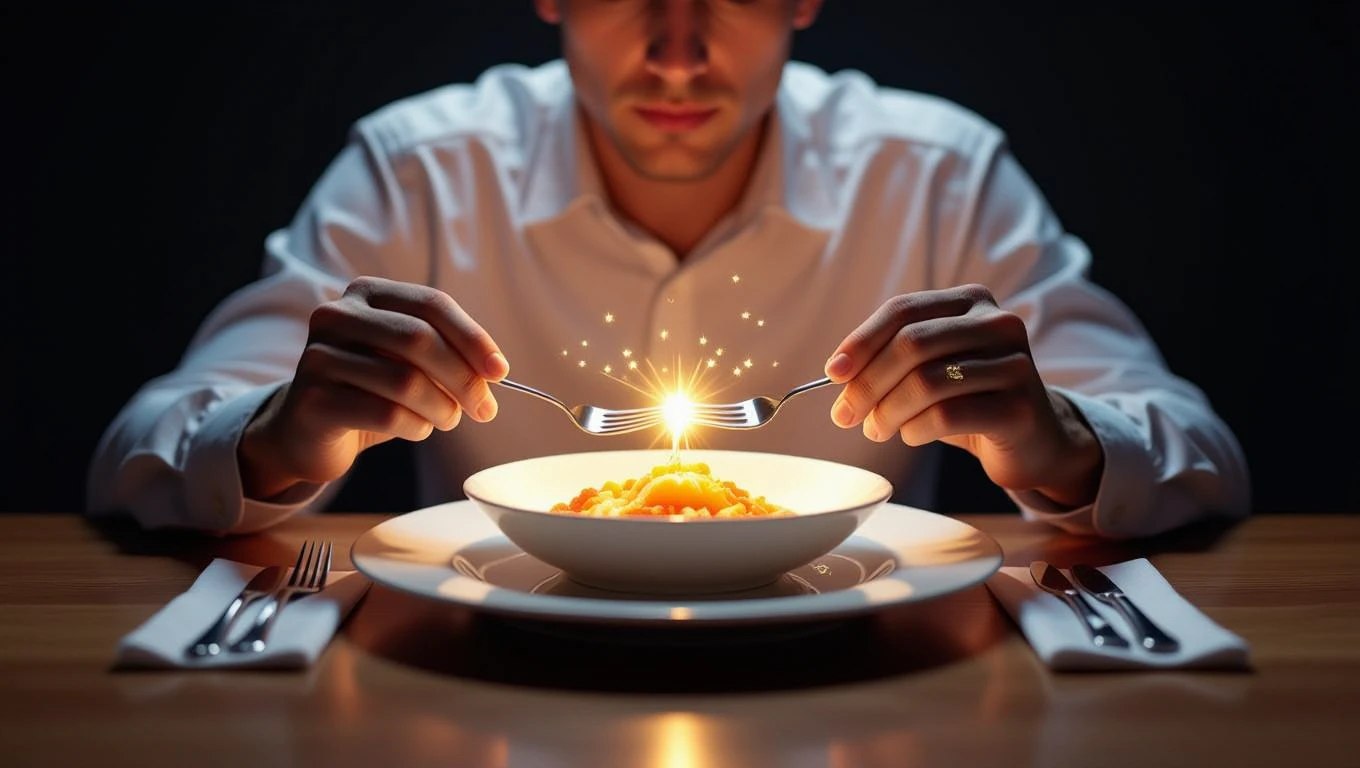 Ein Mann sitzt am Tisch und hält zwei Gabeln über einem Teller mit Pasta, umgeben von magischen Funken.