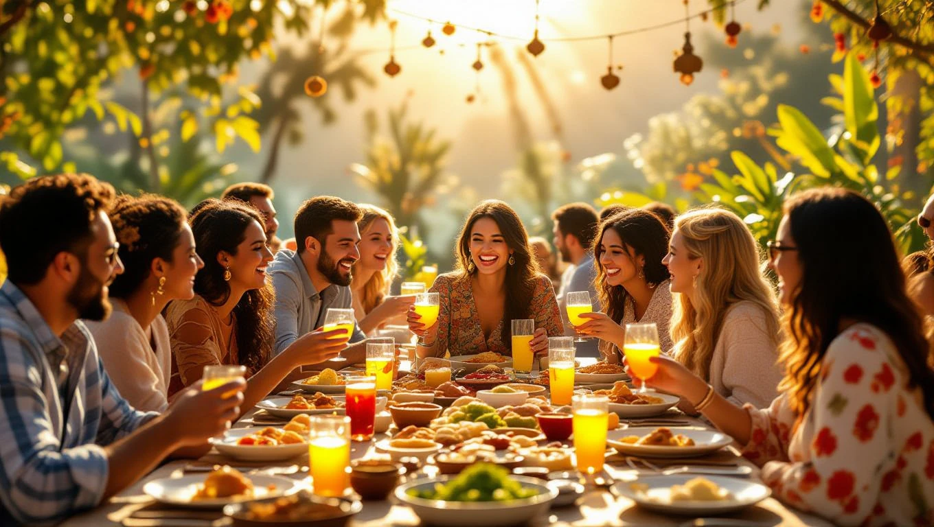 Eine fröhliche Gruppe von Menschen sitzt an einem Tisch mit Essen und Getränken im Freien.
