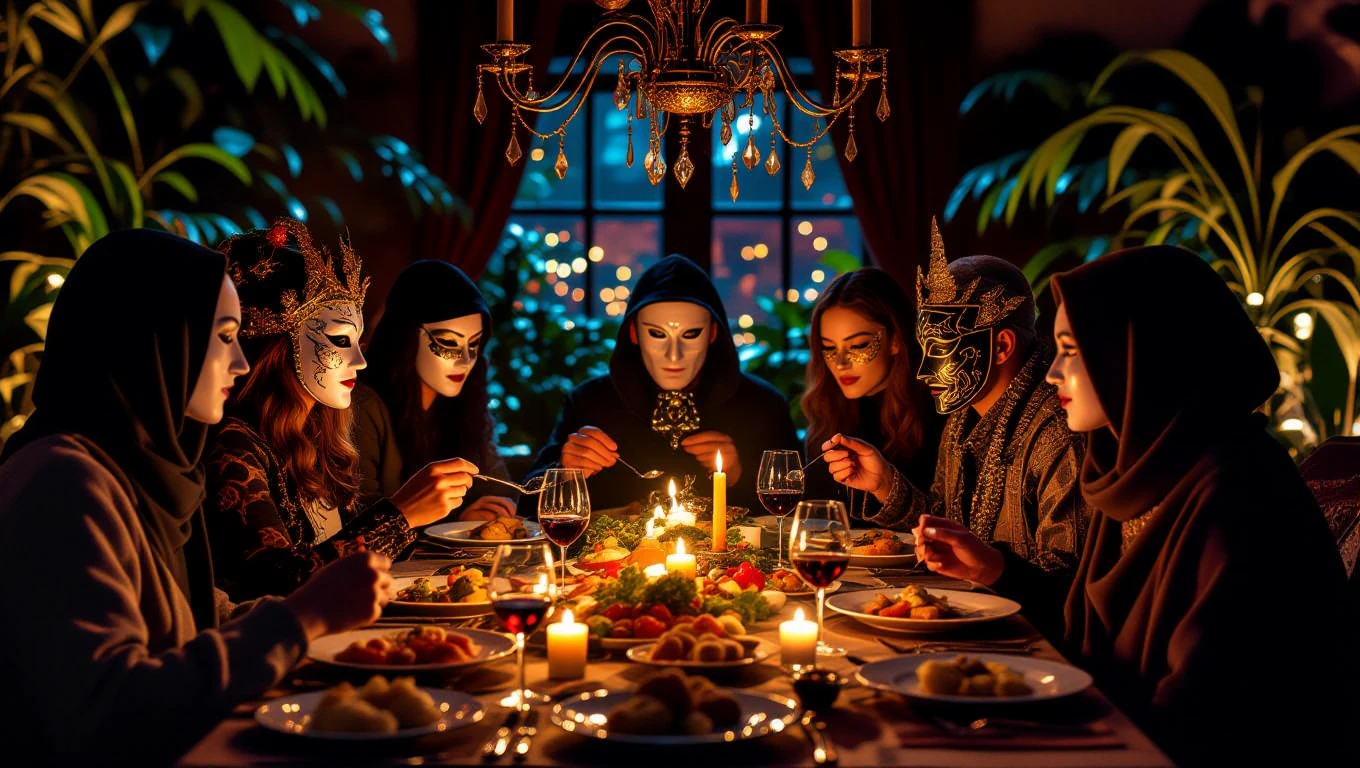 Eine Gruppe von maskierten Personen sitzt an einem festlich gedeckten Tisch mit verschiedenen Speisen.